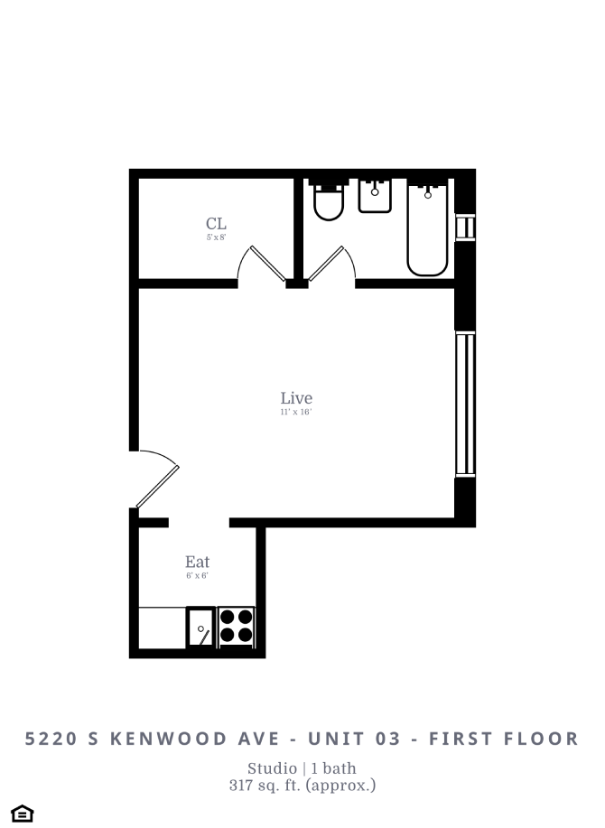 Floor plan for studio, 1 bath, 317 sqft